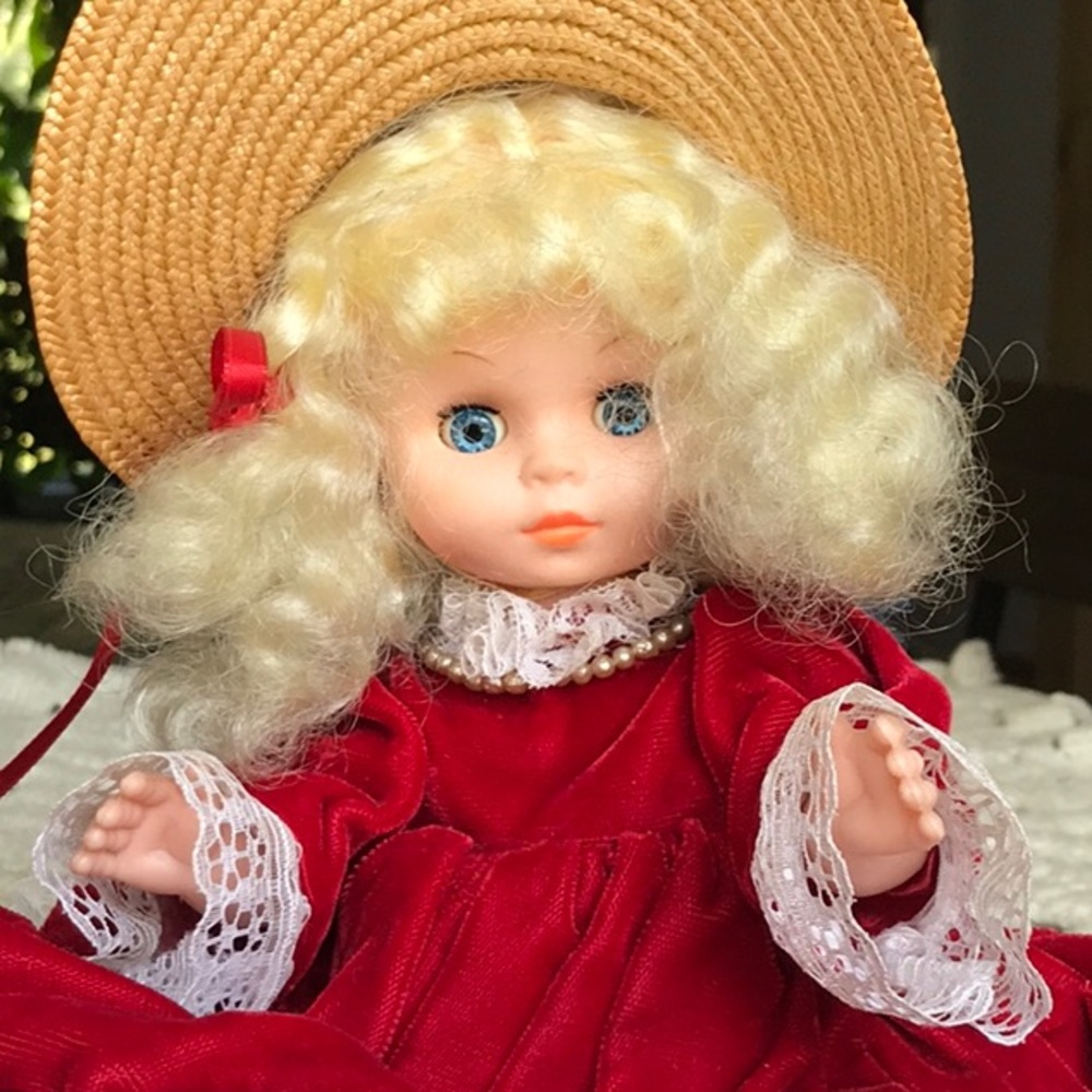 Vintage Plastic Babydoll Red Velvet Dress & Bonnet